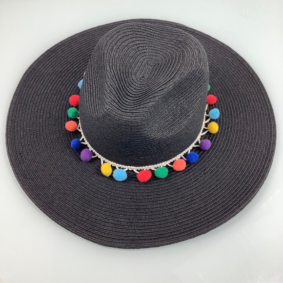 Sun N Sand Wide Rim Pom Pom Multicolor Black Straw Hat Size OSFM 22” EUC - Picture 5 of 12